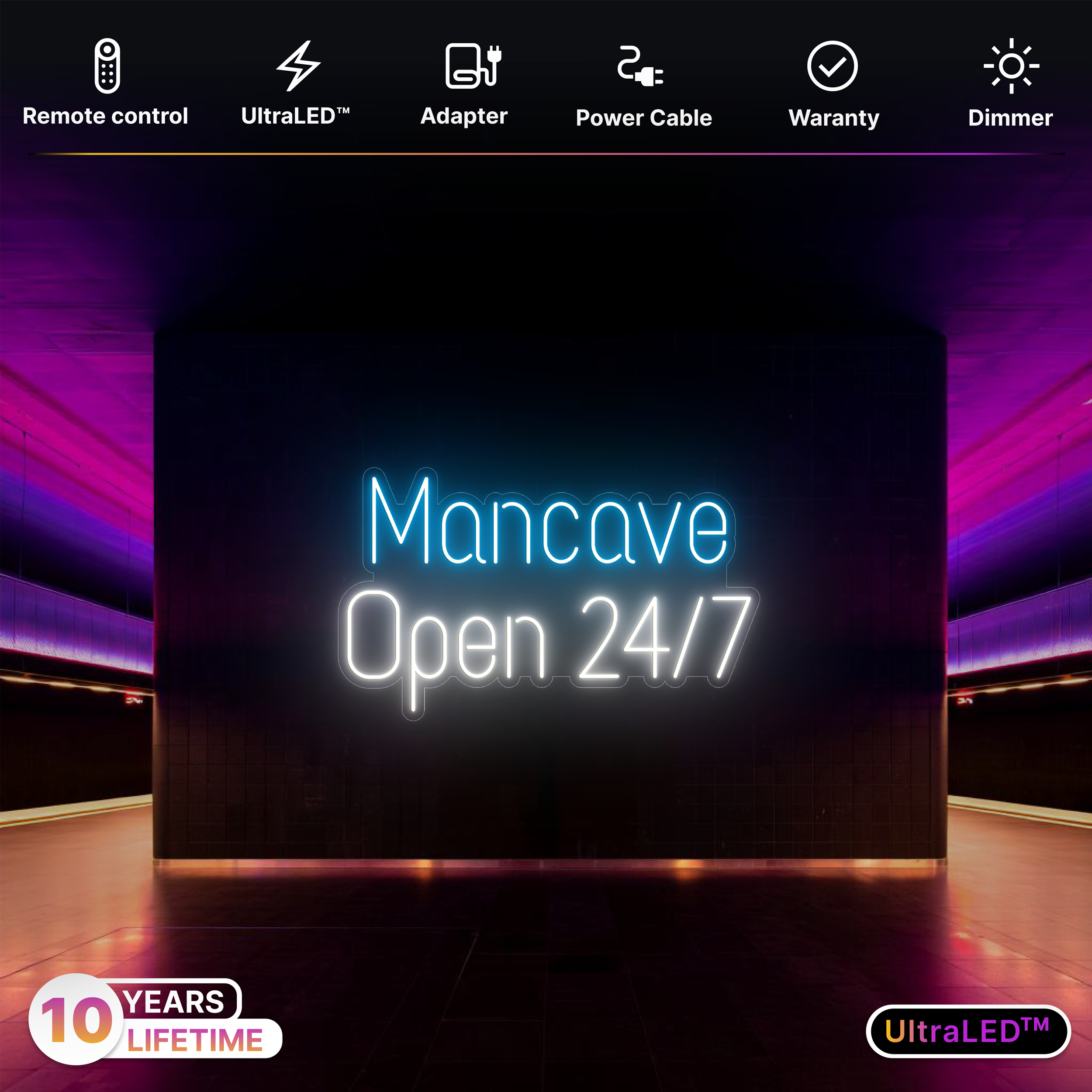 MANCAVE OPEN 24/7 text