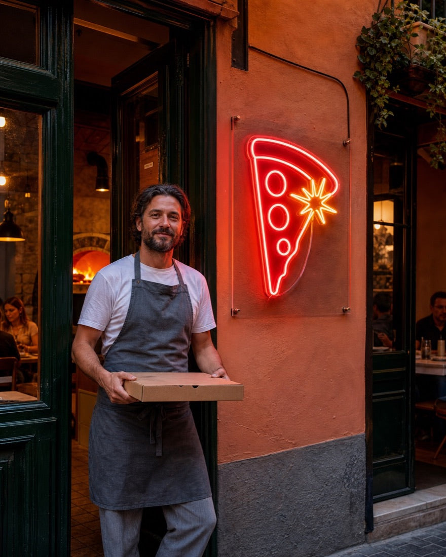 Pizzeria-eigenaar bij de ingang naast het Hot Slice neonconcept
