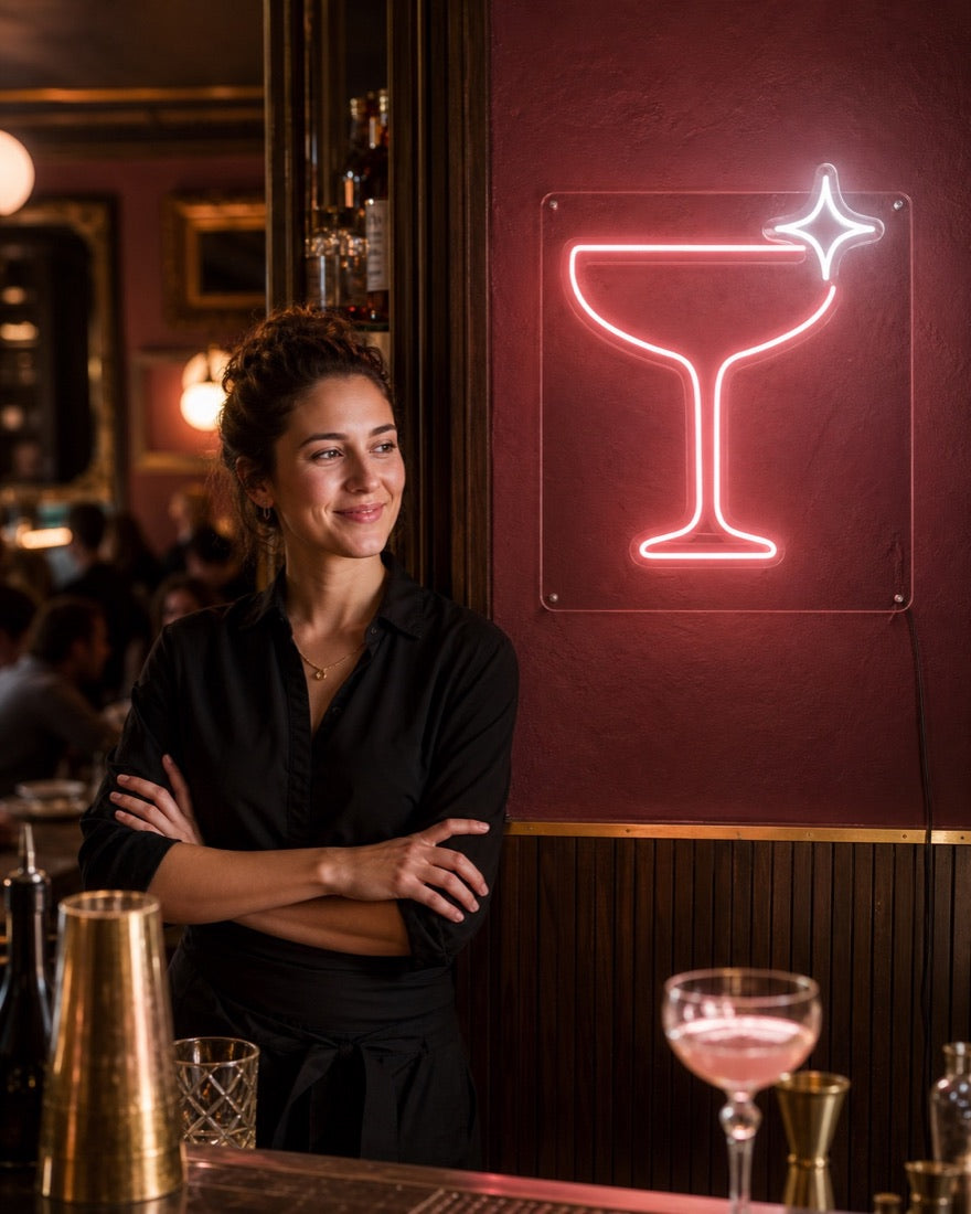 Bartender naast het gemonteerde Night Coupe neonconcept