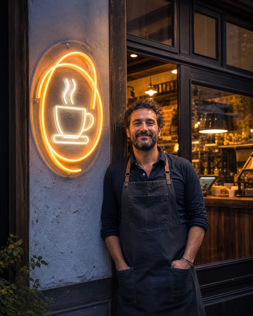 Café-eigenaar naast het gemonteerde Orbit Cup neonconcept