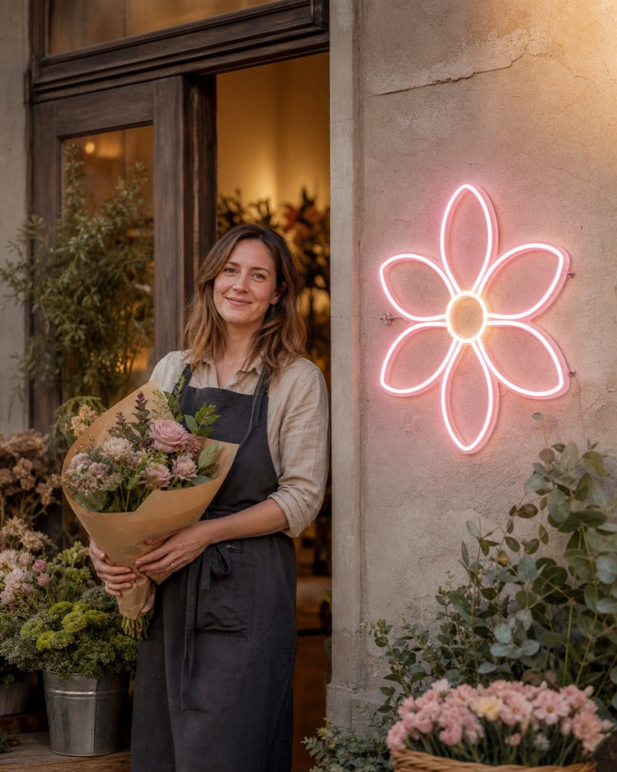 Bloemist bij haar winkel naast het Six Petals neonconcept